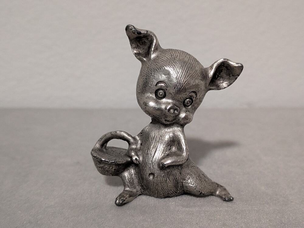 Vintage Miniature Solid Pewter Pig Figurine Sitting with Basket - 1.5 Inch